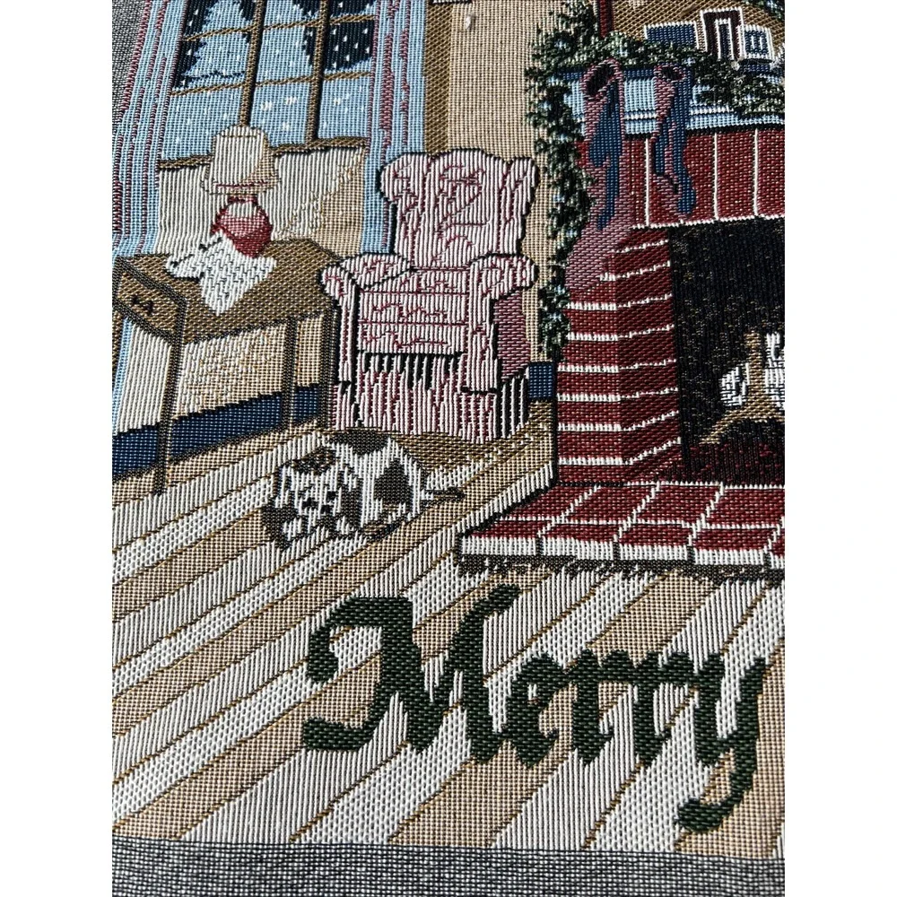 Christmas Fireplace Dog Santa‎ Woven Tapestry Panel Pillow Wall Hanging  18x14